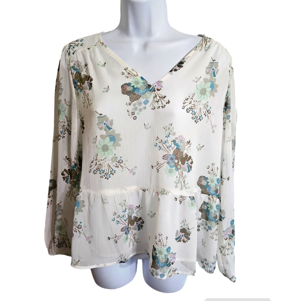 LOFT Cream Floral V-Neck Peplum Top with Blue and Green Accents